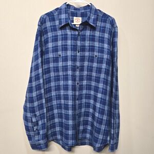 Brooks Brothers 100%‎ Linen Casual Button Down Shirt Men Large Blue Tartan Plaid